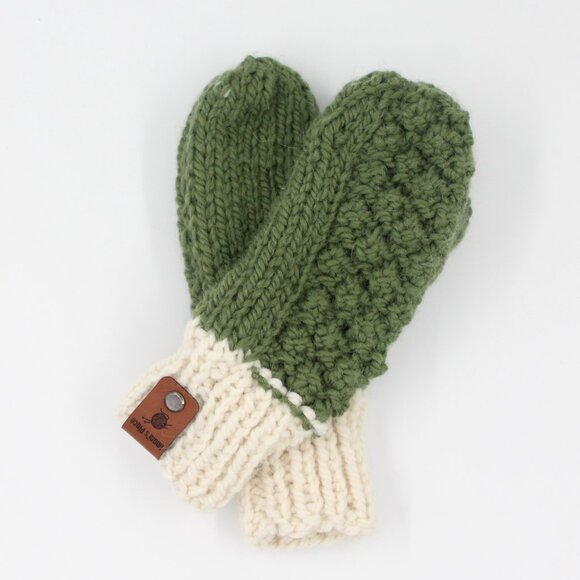 Handmade Hand Knit Chunky Knit Green and Off White Alpaca and Wool Mittens - Picture 1 of 3